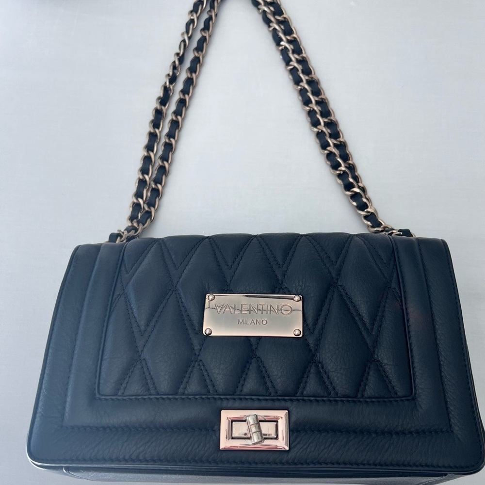 Valentino By Mario Valentino Black Quilted Shoulder Bag with Chain Strap